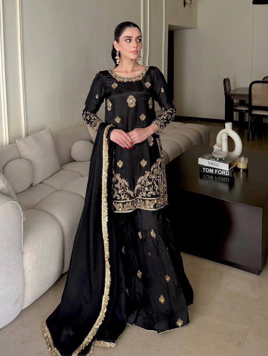 Chinon Silk Designer Kurti Sharara Dupatta Set