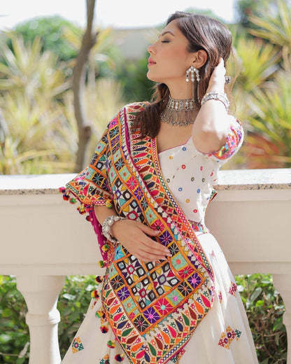 Muslin Digital Print With Mirror Work White Concept Navratri Special Designer Chaniya Choli