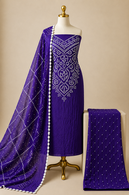Pure Cotton Kutch Handmade 3Pc Unstitched Bandhani Dress Material
