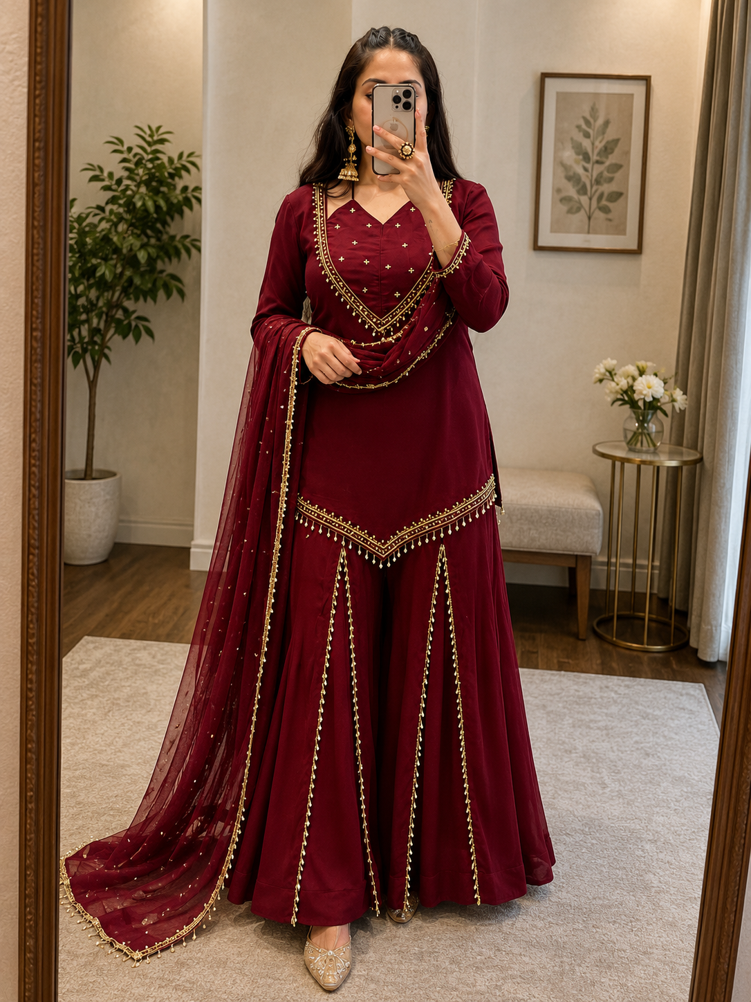 Roman Glass Silk Mirror Work Designer Kurti Palazzo Dupatta Set (Ready to Wear)