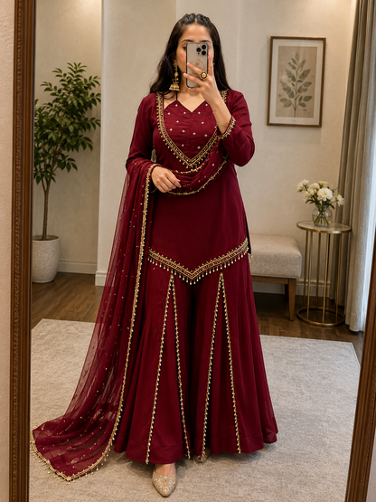 Roman Glass Silk Mirror Work Designer Kurti Palazzo Dupatta Set (Ready to Wear)