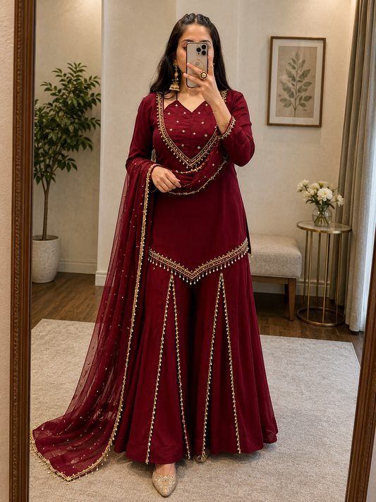 Roman Glass Silk Mirror Work Designer Kurti Palazzo Dupatta Set (Ready to Wear)