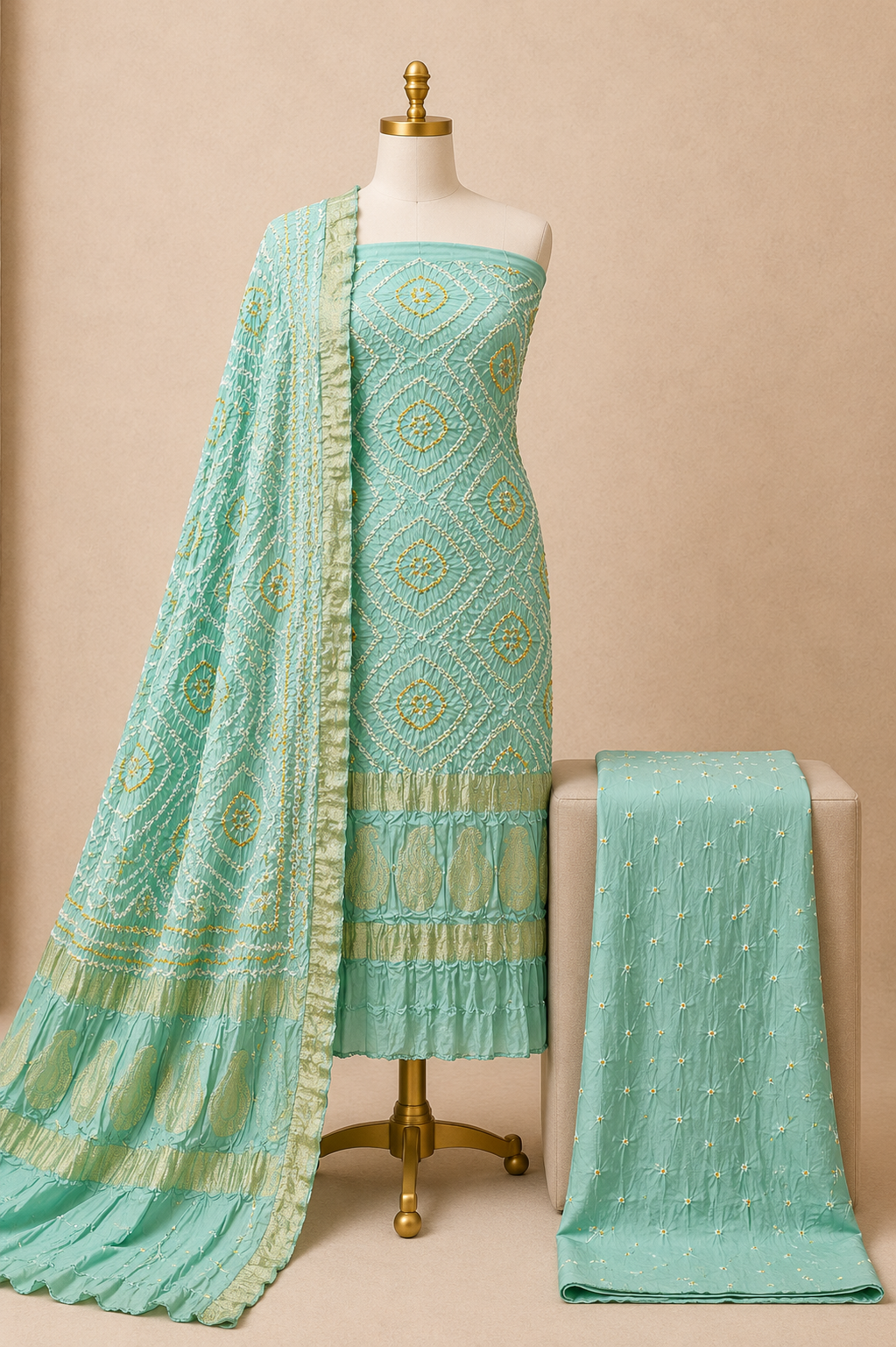 Modal Silk Bandhani Dress | Nakshi Pallu | 3Pc Set | Unstitched