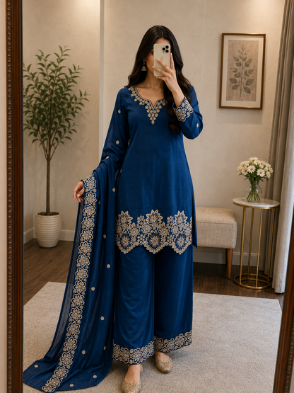 Designer Embroidery Kurti Palazzo Set | Jimmy Choo Silk | Ready to Wear