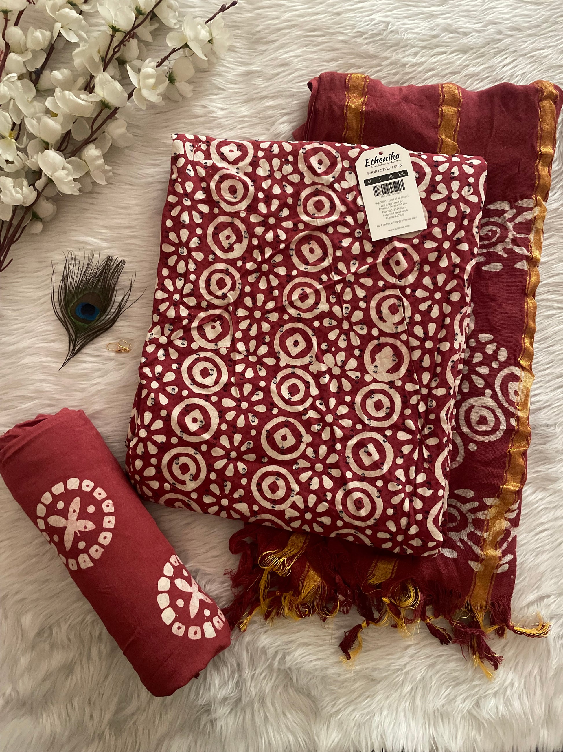cotton batik dress material Cotton Lakhnavi work Hand Blocked Wax Batik Dress Material