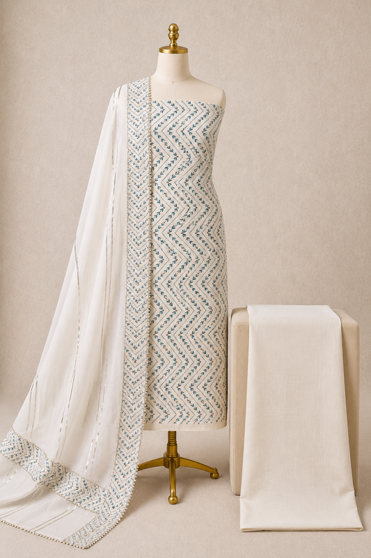 Pure Soft Cotton Chevron Leaf Pattern Unstitched 3Pc Dress Material