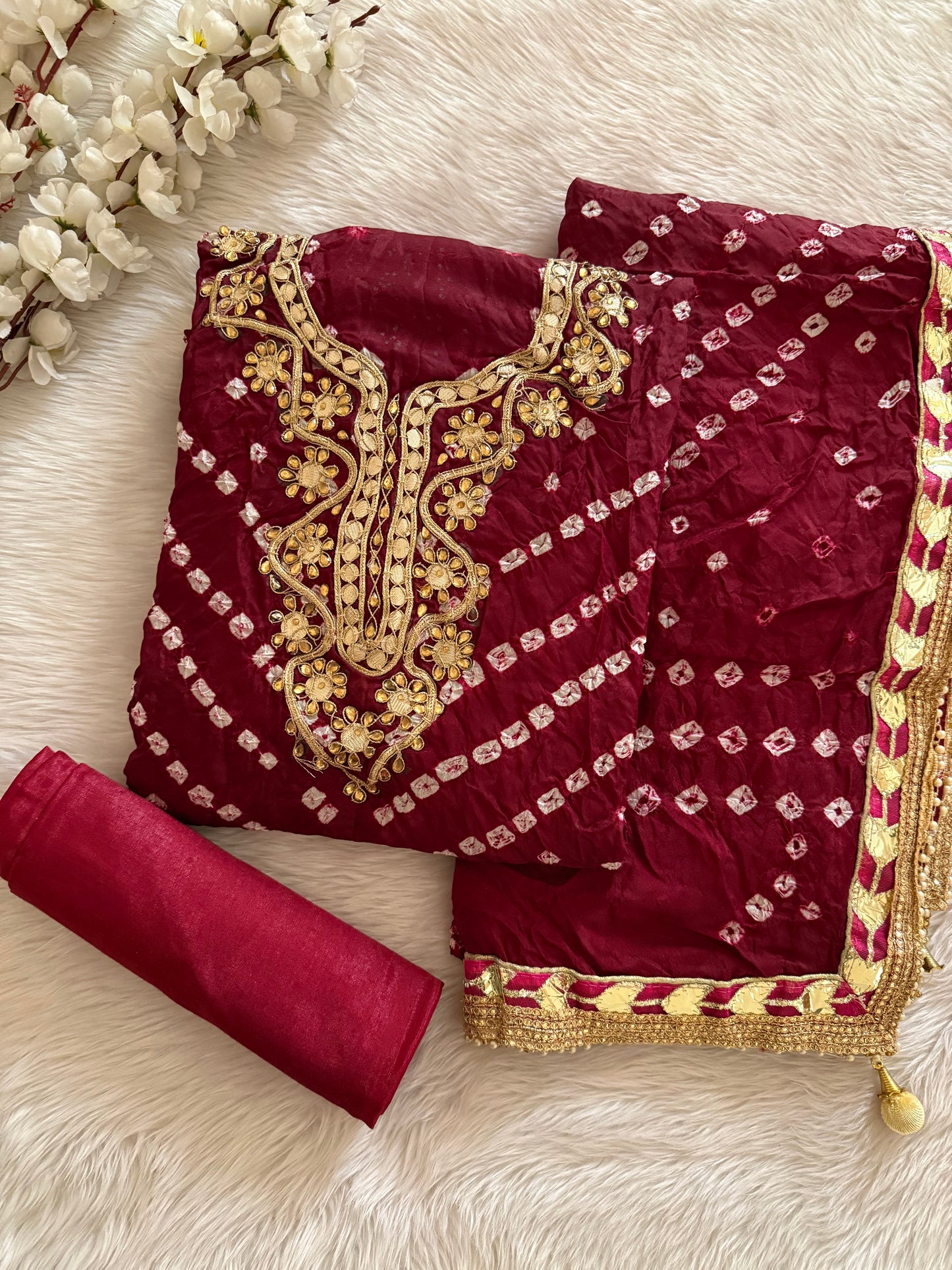 Silk Fabric Neck work with Fumka Work Dupatta Bandhani Dress Material ( Unstitched)