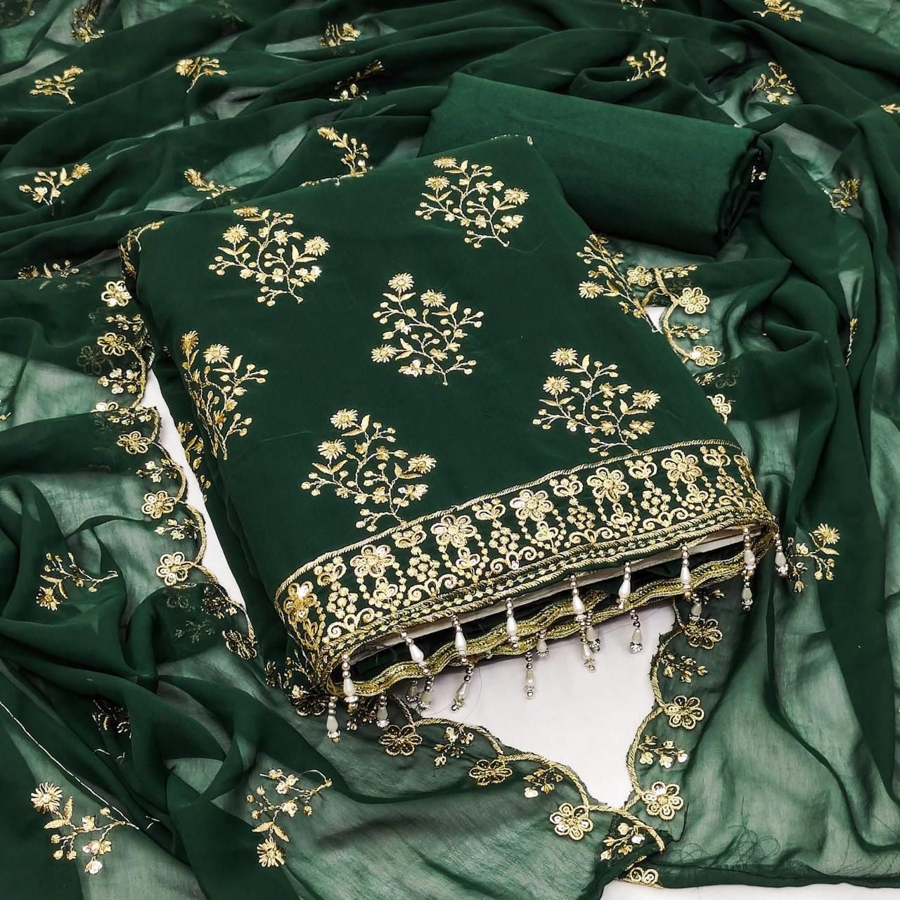 Green & Golden Embroidered cheapest Unstitched Dress Material