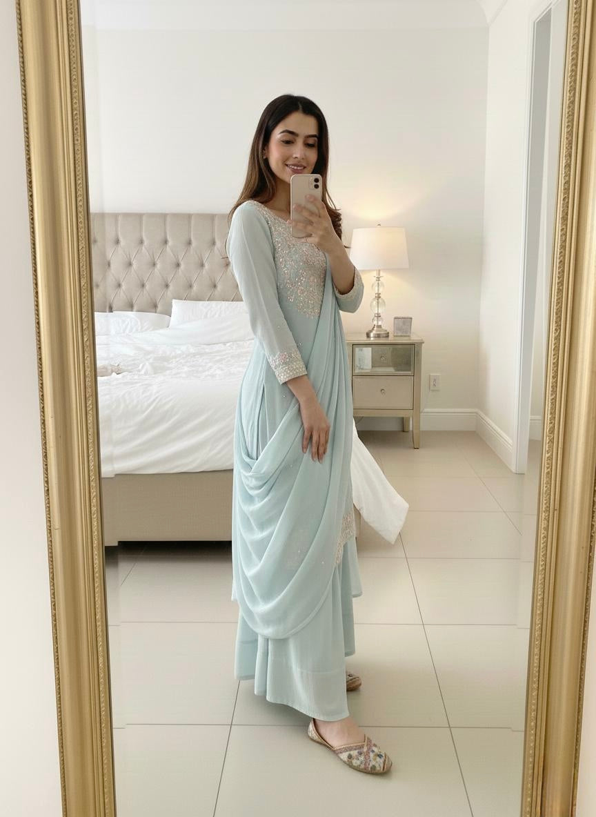 Faux Georgette Sequence Embroidery Work Designer Kurti Palazzo Dupatta Set (Ready to Wear)