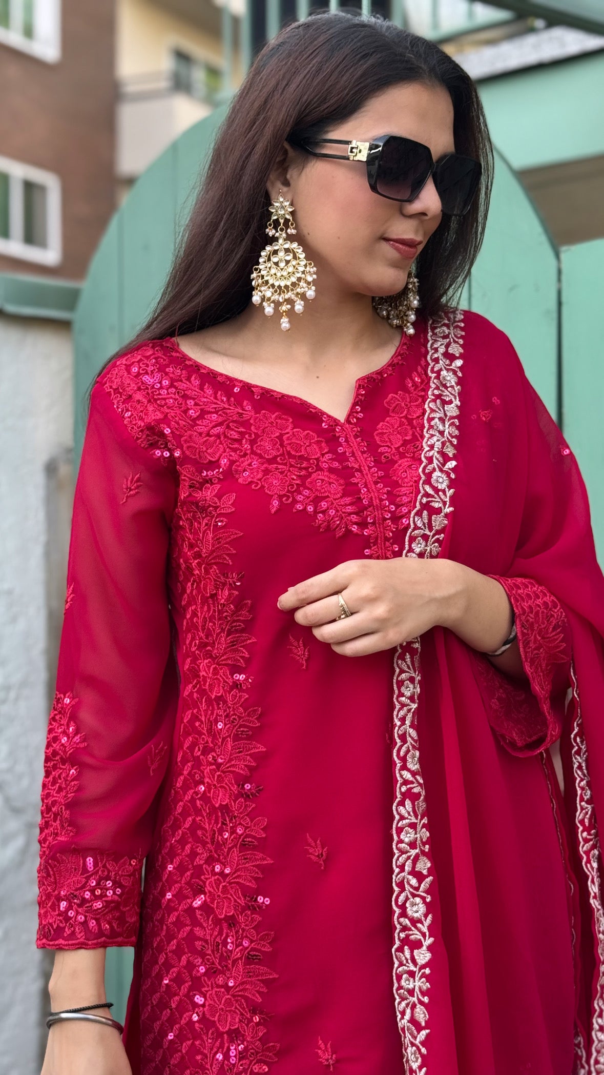 Faux Georgette Sequence Embroidery Work Designer Kurti Pant Dupatta Set (Ready to Wear)