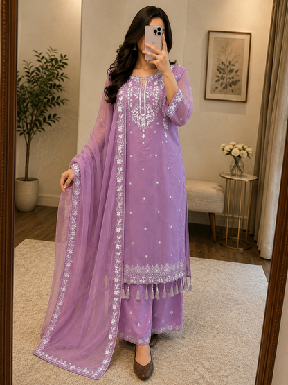Faux Georgette Sequence Embroidery Work Designer 3Pc Party Wear Kurti Pant Dupatta Set