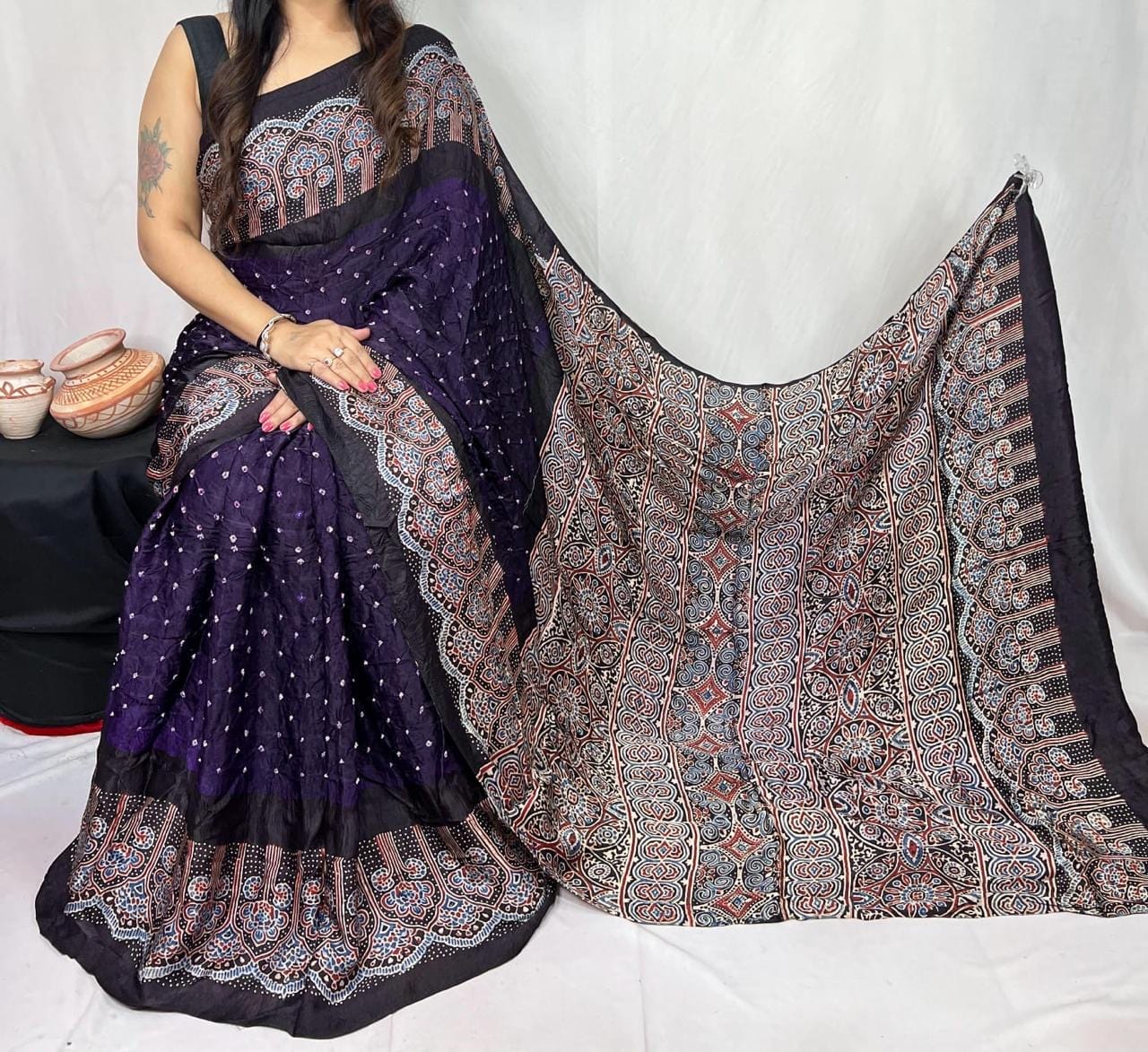 Pure Modal Silk Ajrakh Block Print with Bandhani Work Saree