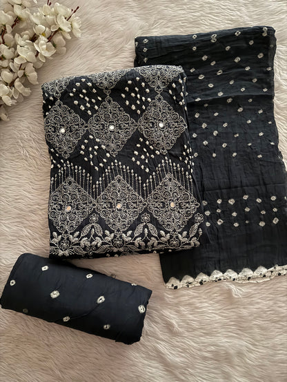 Cotton Lakhnavi Thread Embroidery with Mirror Work Bandhani Dress Material (Unstitched)