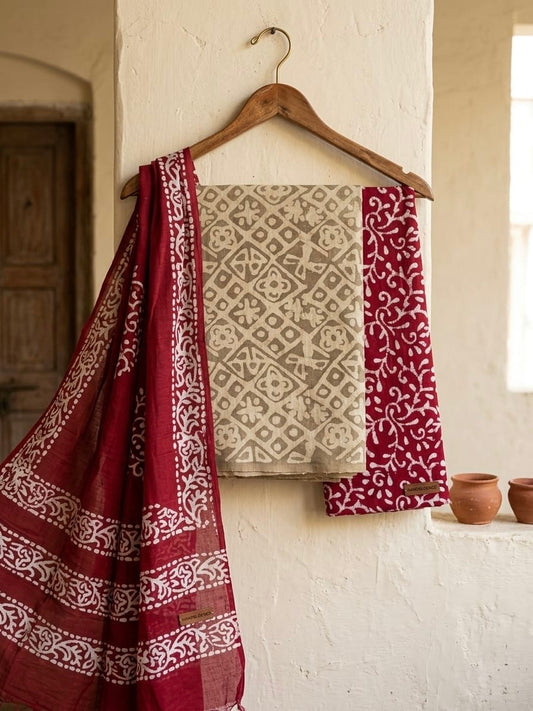 Gadhwal Silk Hand Block Print Batik Dress Material