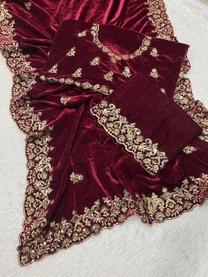 Designer Sequence Zari Work Party Wear Velvet Saree