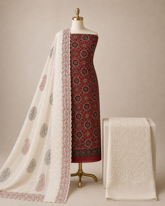Soft Cotton Hand Block Ajrakh with Chikan Work Salwar Unstitched 3Pc Dress Material