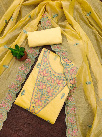 Chanderi Neck Embroidery Work Unstitched Salwar Suit Dupatta for Summers