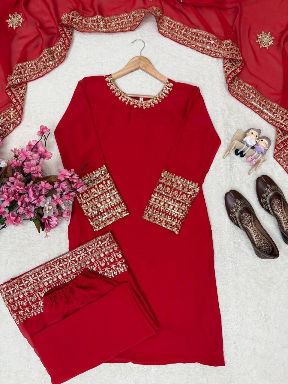 Rangoli Silk Karwa Chauth Special Designer Kurti Palazzo Dupatta Set (Ready To Wear)