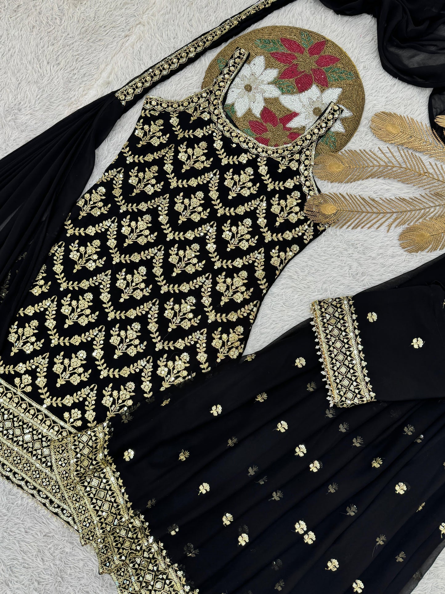 Faux Georgette Sequence Embroidery Work Sleeveless Kurti Sharara Dupatta with Bag Set(Ready to Wear)