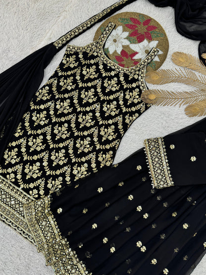 Faux Georgette Sequence Embroidery Work Sleeveless Kurti Sharara Dupatta with Bag Set(Ready to Wear)