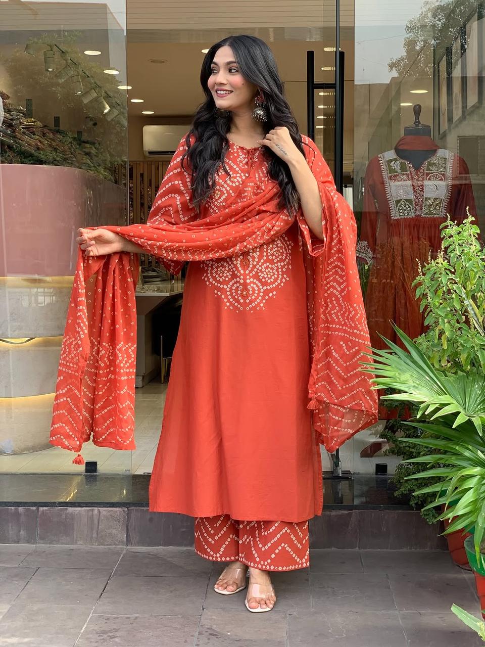 Ethenika Trending Mirror Work Bandhani 3Pc Kurti Pant Dupatta Set
