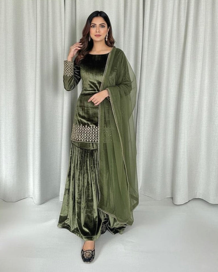 Green Velvet Kurti Sharara