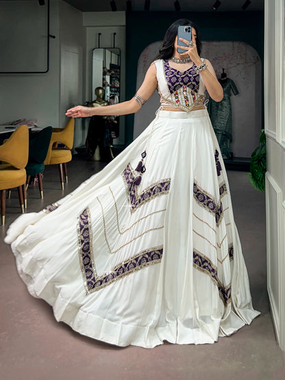 White rayon Chaniya Choli with heritage print and 6m flair - twirl view