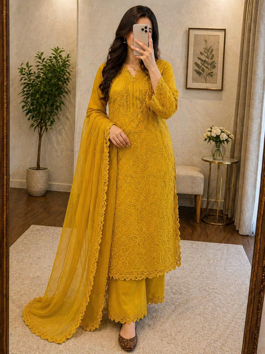 Faux Georgette Chikankari Kurti Palazzo Dupatta Set