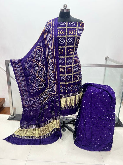 Modal Silk Golden Chex Rai Bandhej Bandhani Dress Material