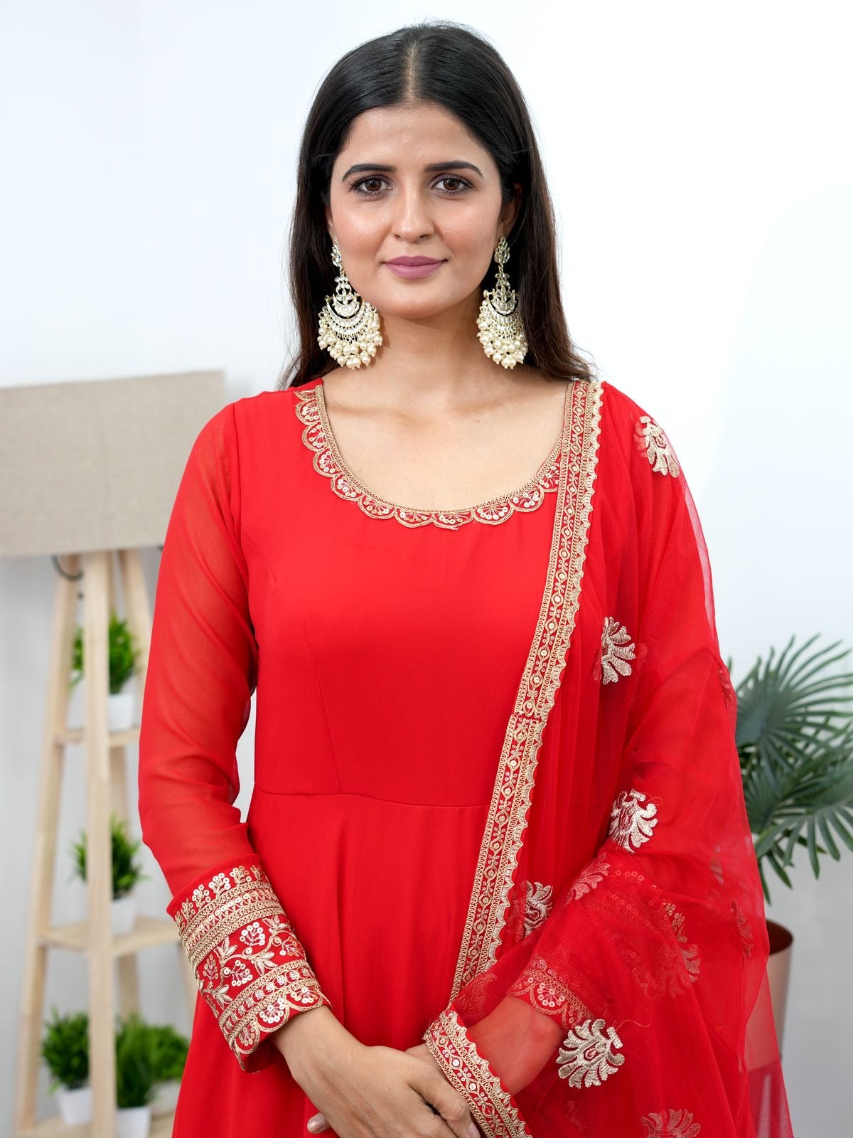 Elegant Red Gown Dupatta set for Karwachauth (Stitched) - Premium  from Ethenika.com - Just INR 2990! Shop now at Ethenika.com 