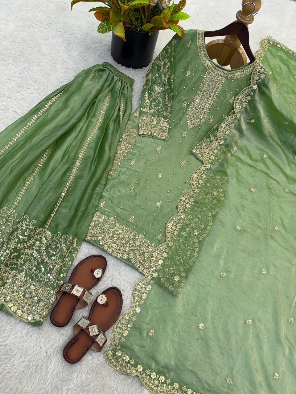 Fendi Silk Embroidery Work Designer Kurti Sharara Dupatta Set