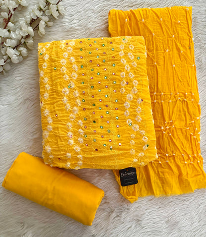 Cotton Mirror Thread Work Bandhani Dress Material (Unstitched)