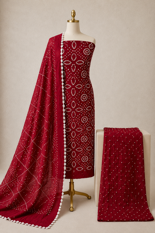 Soft Cotton Satin Self Color 3Pc Unstitched Bandhani Dress Material