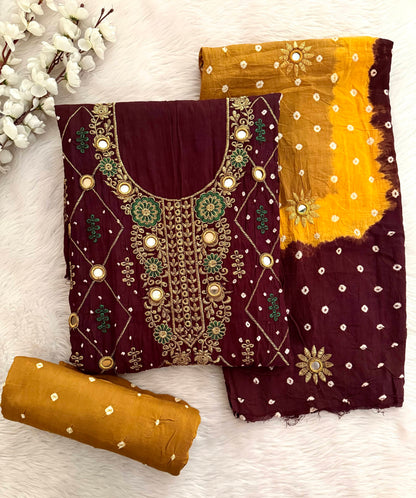 Cotton Golden Thread Embroidery with Real Mirror Work Bandhani Dress Material