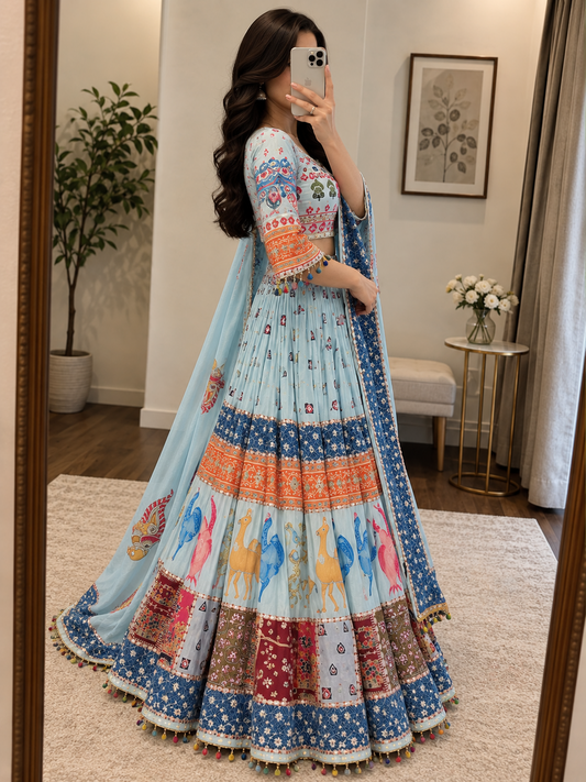 Blue muslin Chaniya Choli with latkan lace and real mirror work - detail view