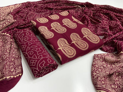 Rayon Ajrakh Original Hand Block Print Dress Material (Unstitched)