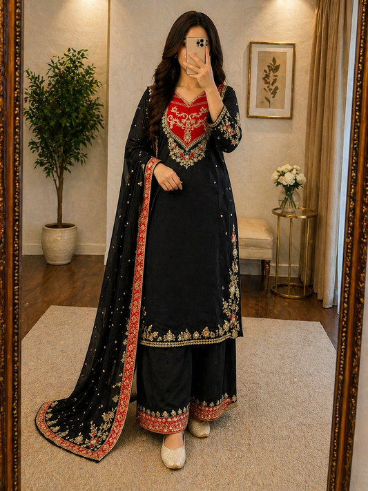 Sequence Embroidery Work Designer Kurti Palazzo Dupatta Set