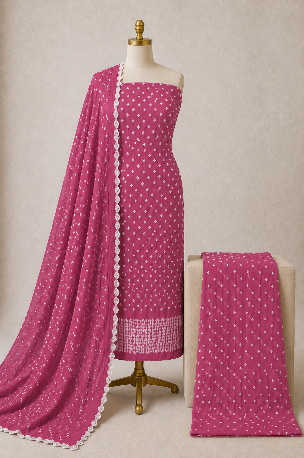 Soft cotton self-colour Bandhani dress material colour option