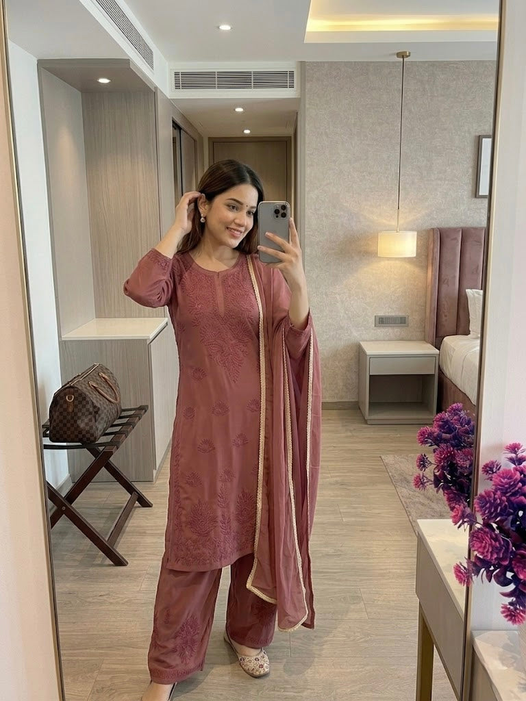 Faux Georgette Chikankari Kurti Palazzo Set