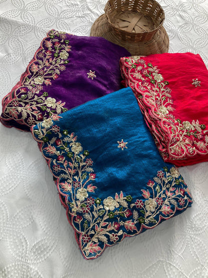 Soft Fendi Chiffone Embroidery Cut Work Designer Saree