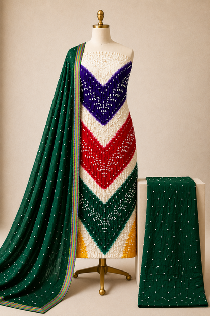Cotton Satin Multicolor V Panel Kutch 3Pc Unstitched Bandhani Dress Material