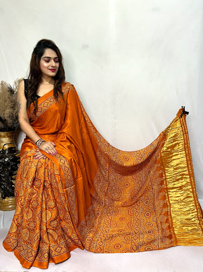 Fine Modal Silk Authetic Hand blocked Ajrakh Print Saree - Premium  from Ethenika.com  - Just INR 6590! Shop now at Ethenika.com 