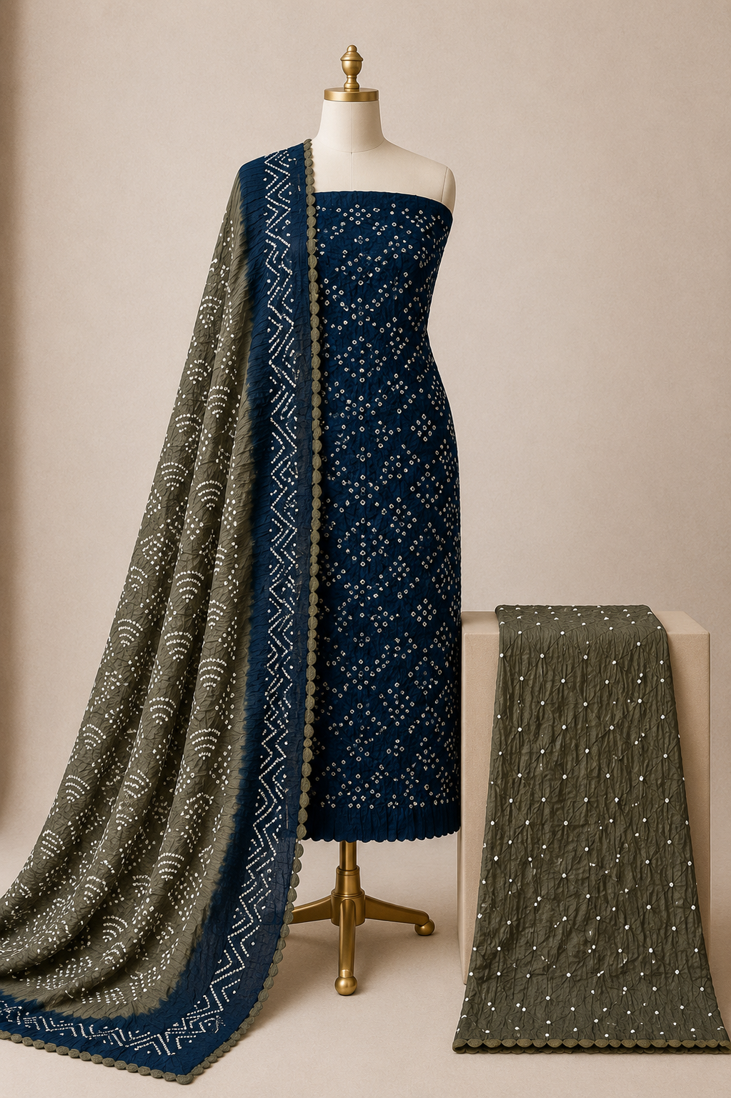 Cotton Satin Authentic Tie and Dye 3Pc Kutch Bandhani Dress Material (Unstitched)