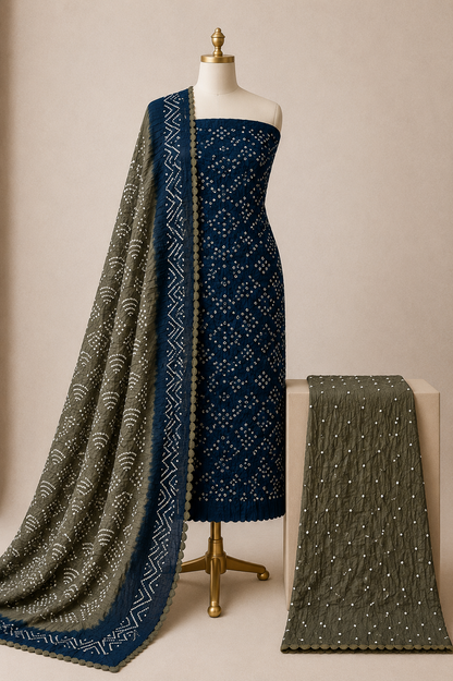 Cotton Satin Authentic Tie and Dye 3Pc Kutch Bandhani Dress Material (Unstitched)