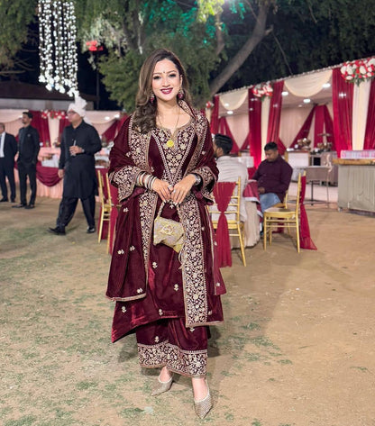 Ethenika Designer Embroidery Work Velvet Kurti Pant Dupatta Set (Ready to Wear)