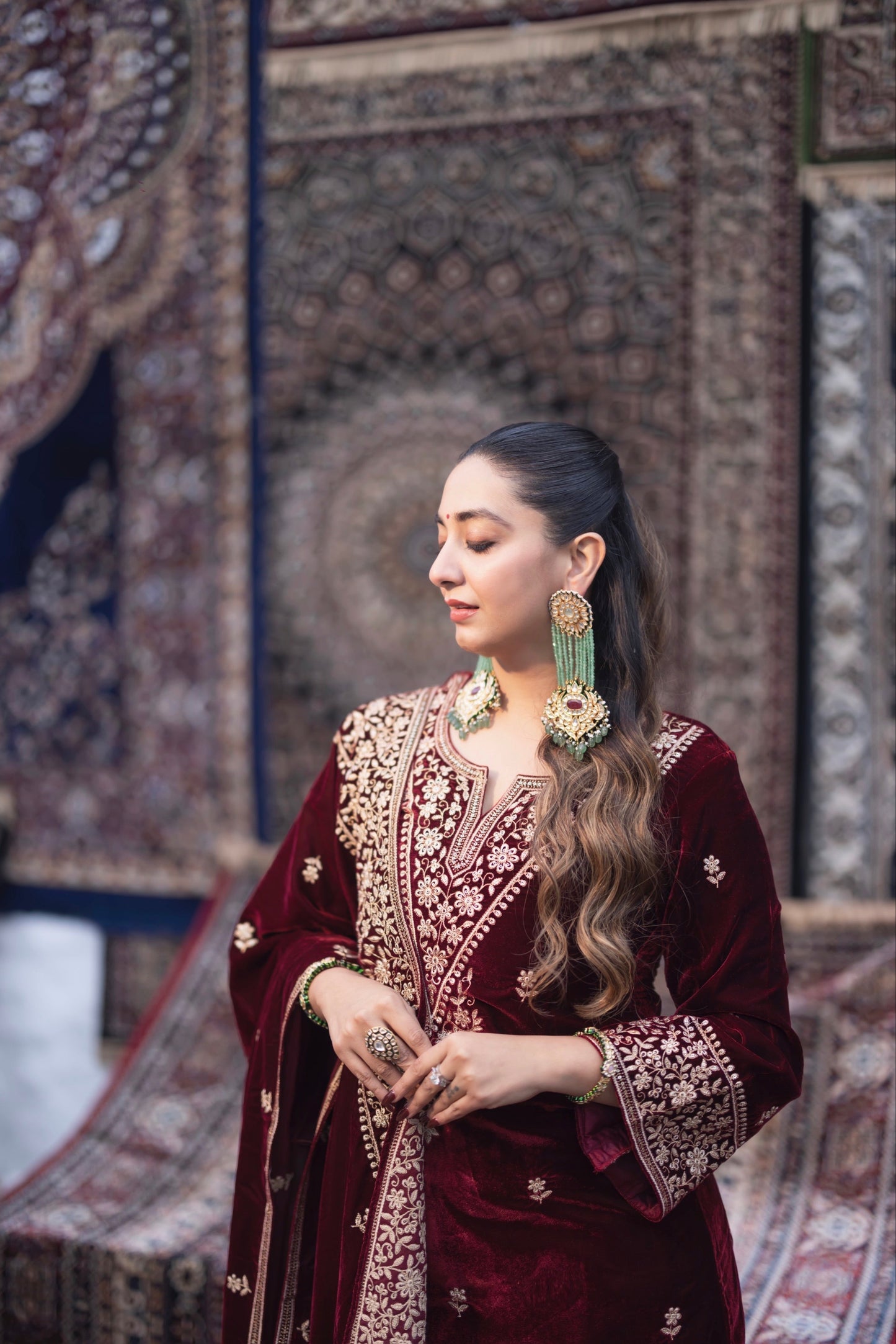 Ethenika Designer Embroidery Work Velvet Kurti Pant Dupatta Set (Ready to Wear)