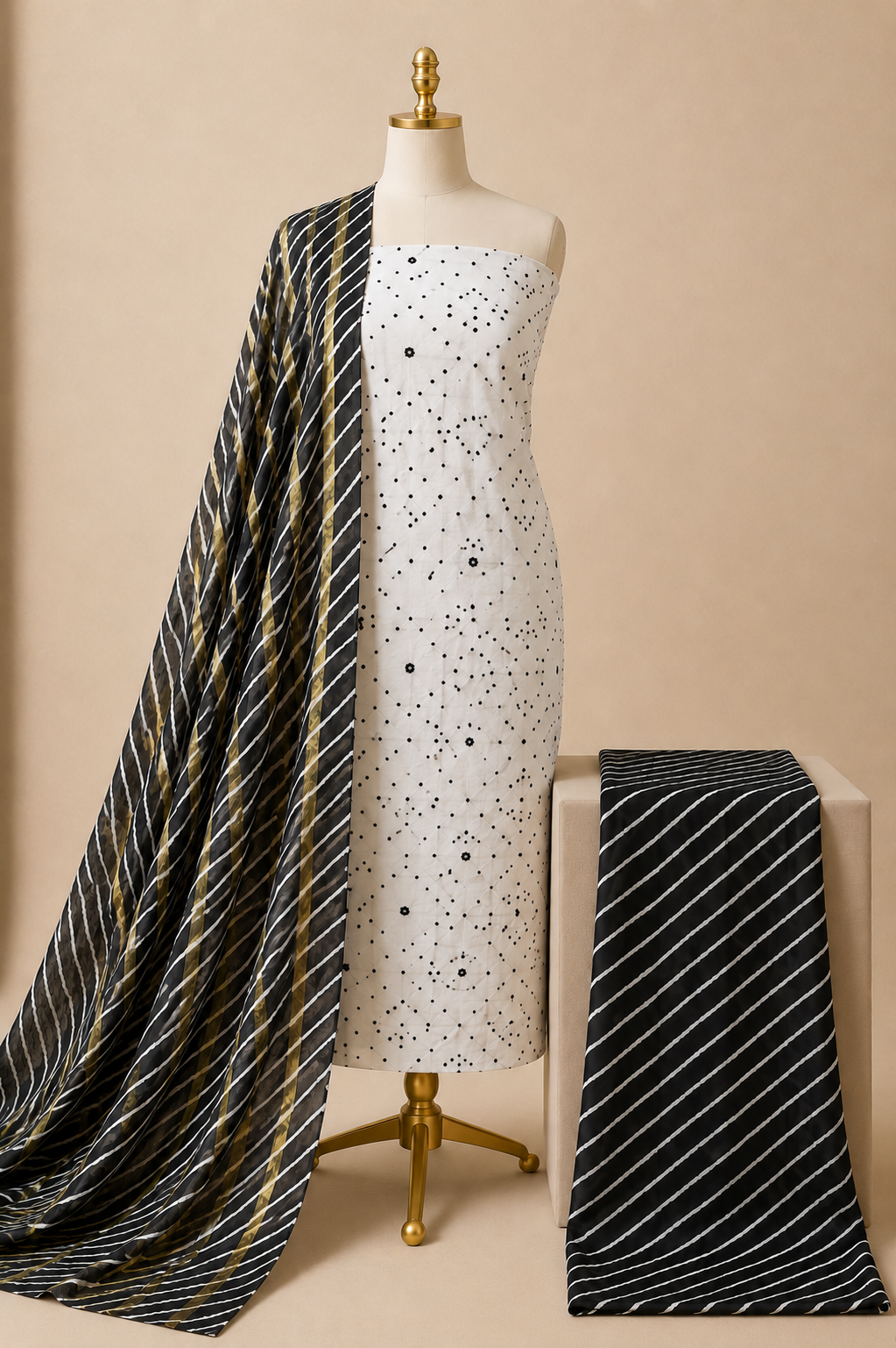 Leheriya wave pattern cotton suit fabric with mirror work detailing