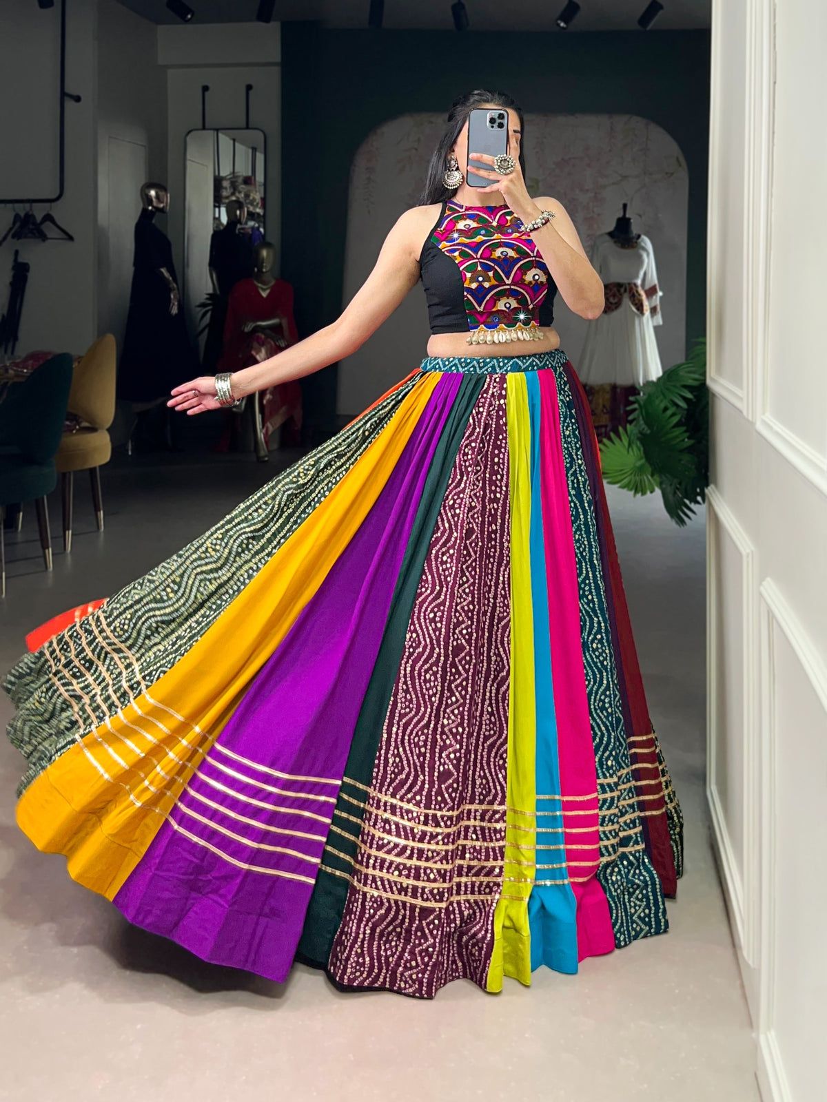 Rayon multicolor Lehenga Choli - close-up of Gota Patti detailing