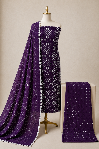 Soft Cotton Satin Self Color 3Pc Unstitched Bandhani Dress Material