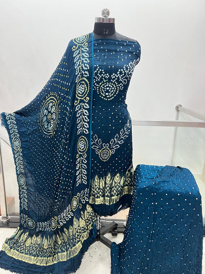 Modal Silk Original Jamnagar Hand Crafted Bandhej Work Bandhani Dress Material (Unstitched)